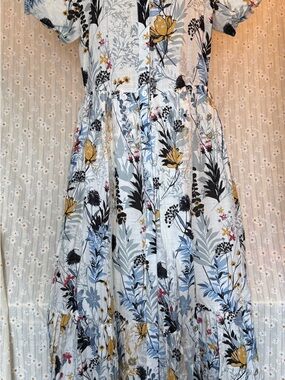 Floral Tiered White Maxi Dress with Yellow Accents